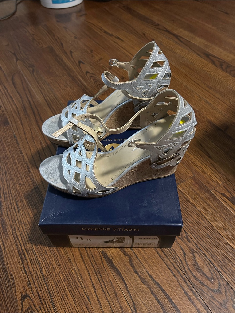 Adrienne Vittadini Silver Metallic Cutout Cork Wedges